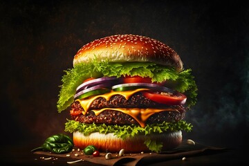 Poster - Hearty burger with tomatoes and cucumbers on double beef patty with double cheese, created with generative ai