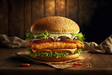 Canvas Print - Delicious hamburgers bbq chicken burger on table in restaurant, created with generative ai