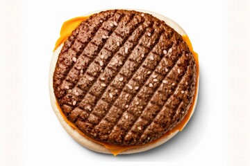 Poster - Grilled cutlet with sesame on bun for burger on white isolated background, created with generative ai