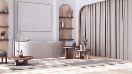 Wall Mural - Bleached wooden bathroom in japandi style with arched door and parquet floor. Freestanding bathtub, carpet, shelves and table in white and beige tones. Contemporary interior design