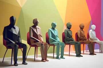 Wall Mural - Inclusive Workplace. Hiring Scene. Multicultural Job Interview in Low-Poly Style
