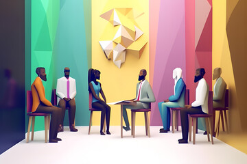 Wall Mural - Inclusive Workplace. Hiring Scene. Multicultural Job Interview in Low-Poly Style
