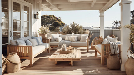 coastal garden terrace patio outdoor, with wood and fabric blue white and beige accents around noon 