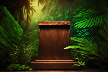 Wall Mural - Rectangular pedestal for 3d art podium-keytodesc on bright green background with vegetation, created with generative ai