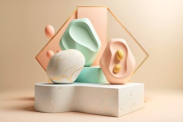 Poster - Turquoise pink 3D art abstract with gypsum elements of different shapes and volumes, created with generative ai