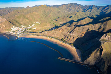 Aerial view above Playa de Las Teresitas at sunrise - in San Andres Tenerife Canary Island Spain