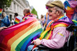Handicapped people with rainbow flag and scarf participate in LGBTQ+ pride event, AI generative