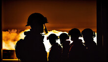 Silhouete Of Firefighters During Live Fire Training With Generative AI Technology