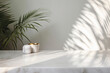 © Michael - Modern minimal empty white marble stone counter table top, palm tree in sunlight, leaf shadow on concrete wall background for luxury organic cosmetic, skin care, beauty treatment product display