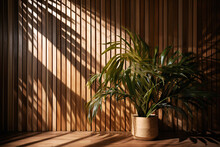 Soft And Beautiful Foliage Dappled Sunlight Of Tropical Bamboo Tree Leaf Shadow On Brown Wooden Panel Wall With Wood Grain For Luxury Product Display, Interior Design Decoration Background