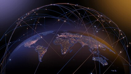 Wall Mural - Tech earth globalization in 3d animation. Global Business dots on rotating planet.