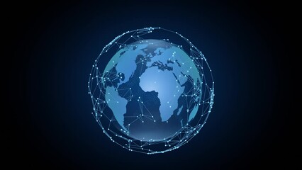 Wall Mural - Tech earth globalization in 3d animation. Global Business dots on rotating planet.