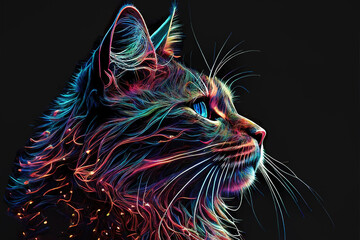 An abstract illustration of a neon cat, blending the vibrancy of neon art with the whimsical charm of a feline figure