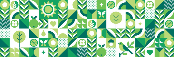 modern geometric background. abstract nature: trees, leaves, flowers, fruits, birds and butterflies.