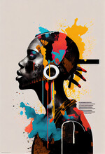 Creative Afrofuturist Illustration Of Woman With Headphones. Generative AI