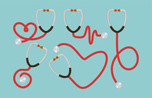 Different Red Stethoscopes Vector Illustrations Set. Stethoscope In Shape Of Heart, Pulse, Spiral On Blue Background. World Health Day, Healthcare, Global Wellness Concept
