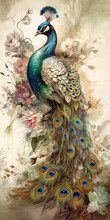 Beautiful Peacock Portrait On Background Of Flowers. Vintage Vertical Painting, Generative Ai