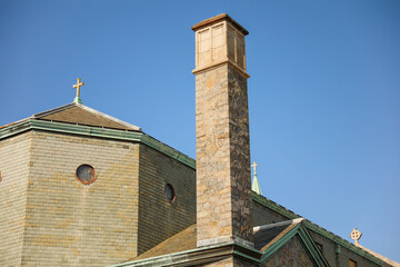 Church catholic cathedral monument historic buildings showing european architecture showing history in old town downtown with beautiful sky and marble with stone design also with brick layout 