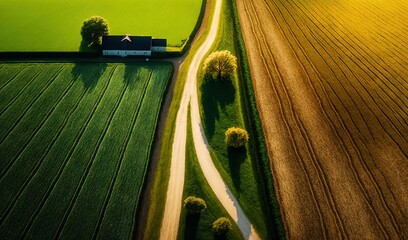 Sticker -  an aerial view of a farm with a house in the middle of the field and a road running through the middle of the field to the house.  generative ai