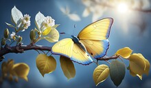  A Yellow Butterfly Sitting On A Branch Of A Tree With Yellow Leaves And White Flowers In The Foreground, With A Blue Sky In The Background.  Generative Ai
