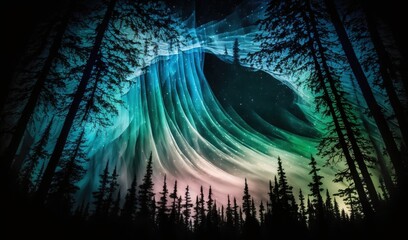 Poster -  a painting of a wave in the woods with trees in the foreground and stars in the sky in the middle of the picture,.  generative ai