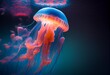 The beautiful jellyfish gracefully dances in the serene sea, its translucent body shimmering with a myriad of colors.