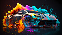 An Illustration Of A Futuristic Sports Car Surrounded By Colorful Splashes. Generative AI.