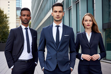 Group of diverse business professionals standing together. Multi-ethnic team of young executives in formal office attire. Corporate portrait of confident men and women wearing suits. Concept of leader