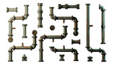 Fototapeta Przestrzenne - metal pipes with valves, set of connectors and rivets, isolated on transparent background