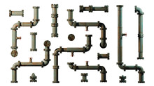 Metal Pipes With Valves, Set Of Connectors And Rivets, Isolated On Transparent Background