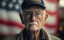 Elderly Veteran On The Background Of The American Flag. Generative AI