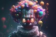  zombie clown horror halloween illustration surounded by balloons, terrific halloween horror visual made by ai