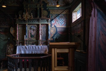 Sticker - Beautiful historic interior of the Roldal Stave Church in Norway