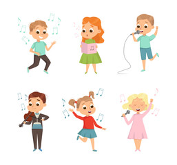 Canvas Print - Funny Boy and Girl Playing Musical Instrument, Dancing and Singing Vector Set