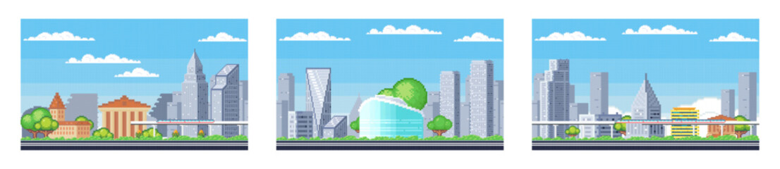 Wall Mural - Pixel art landscape. Urban street view, 8 bit city park road, with background buildings and apartments in pixel art, pixel cityscape. Pixelated scene, pixelation gaming playing level, 8 bit city