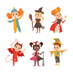 Poster - Funny Boy and Girl Dressed in Halloween Costume Vector Illustration Set