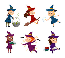 Poster - Happy Girl Witch in Dress and Pointed Hat Casting Spell Practising Witchcraft and Doing Magic Vector Set