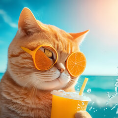 Adorable Cat With Orange Juice. Generative AI