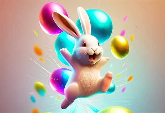 Wall Mural - Easter happy bunny jumping with easter eggs in background. 3D cartoon character animation style for celebrate Easter. (AI)