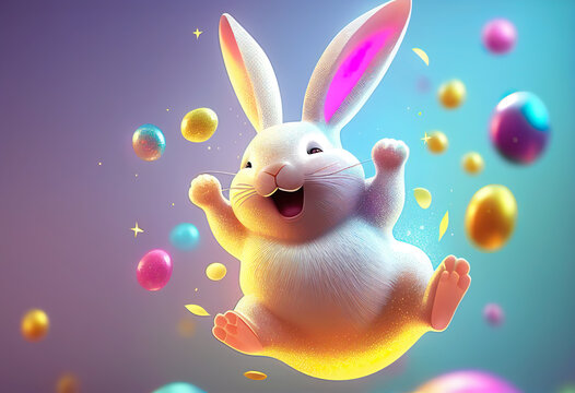 Wall Mural - Easter happy bunny jumping with easter eggs in background. 3D cartoon character animation style for celebrate Easter. (AI)