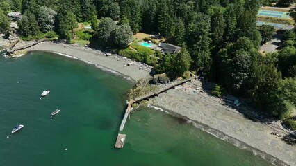 Sticker - Snug Cove, Bowen Island, British Columbia, Canada. Aerial view of marina, pier, beach and resorts