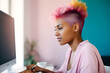 © Aksana - Young beautiful african american business woman with multicolored hair sitting working with laptop in cafe or office at home online working remotely concept Generative AI