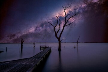 Wall Mural - Aerial view of lake under blissful Milky way in sky