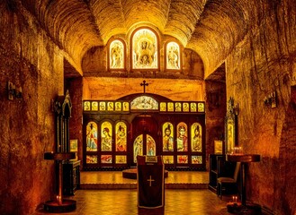 interior of church with pictures of jesus and his apostles