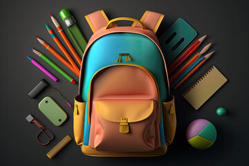 Wall Mural - illustration of a backpack and school tools for kids, colorful, back to school, pencils, top view, classroom materials, generative AI