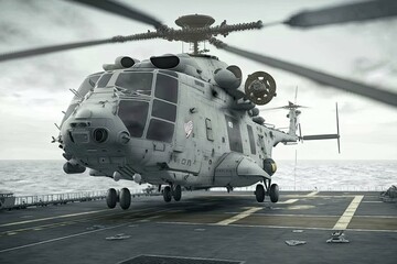 Wall Mural - Military helicopter on warship board in the sea. Navy helicopter on board the aircraft carrier. Created with Generative AI