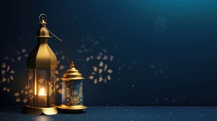 Wall Mural - blue and gold Realistic ramadan background with mosque moon stars lantern and bokeh. Generative AI