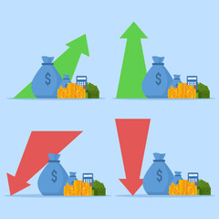 Wall Mural - money income profit icon concept or bankruptcy loss budget and deduction expense as financial economic crisis or stock market fall flat cartoon illustration, capital increase or fund down