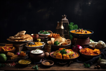 top view of Assorted indian food on dark wooden background. 