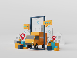 E-commerce concept, Delivery service on mobile application, Transportation delivery by truck, 3d rendering